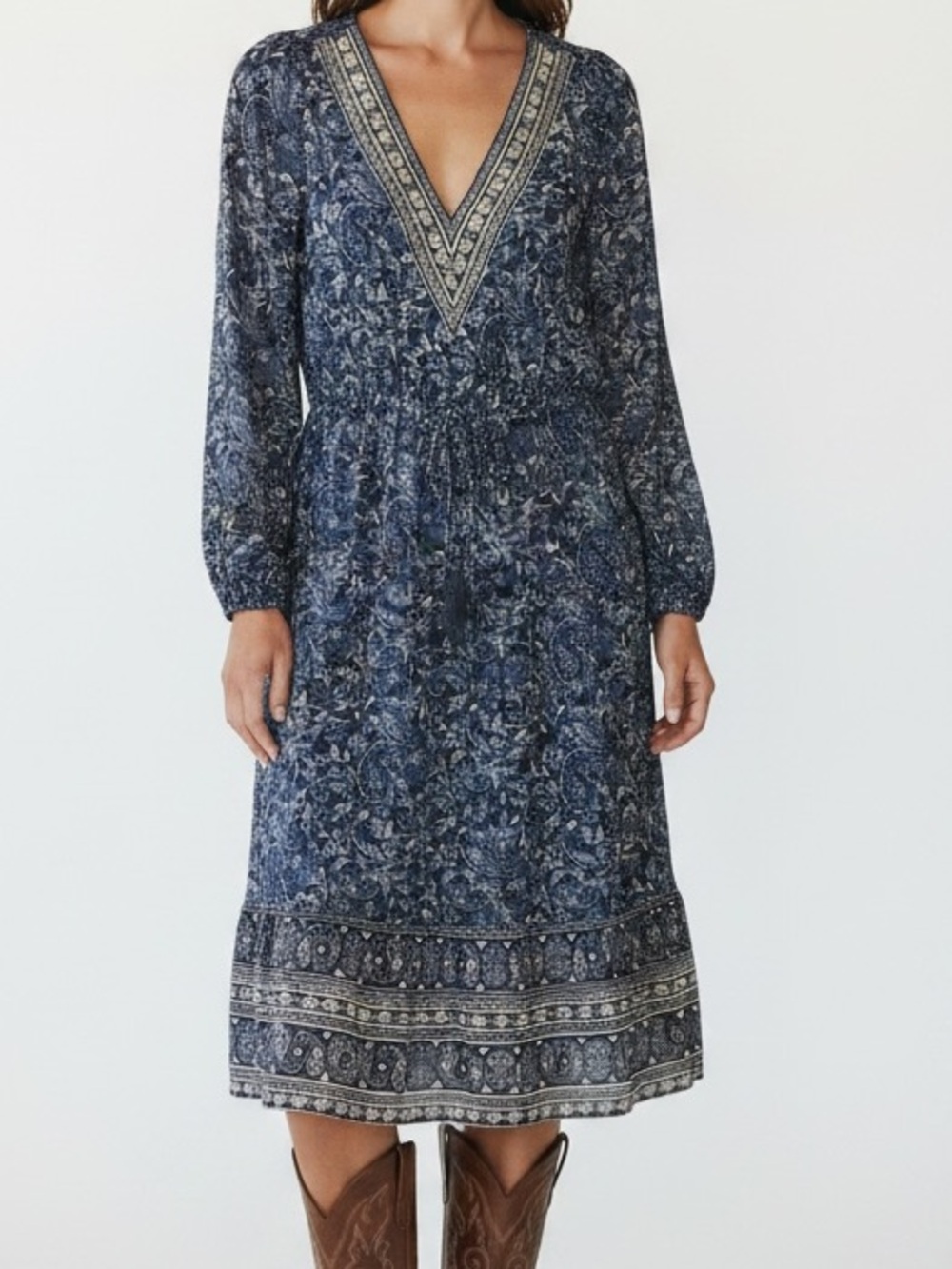 Lucky Brand Bohemian Western V-Neck Stretchy Midi Dress in Navy Paisley size M